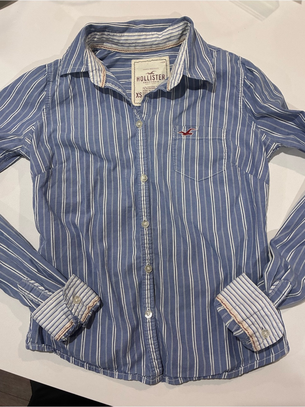 Hollister Blue and White Vertical Stripe Button-Down Shirt